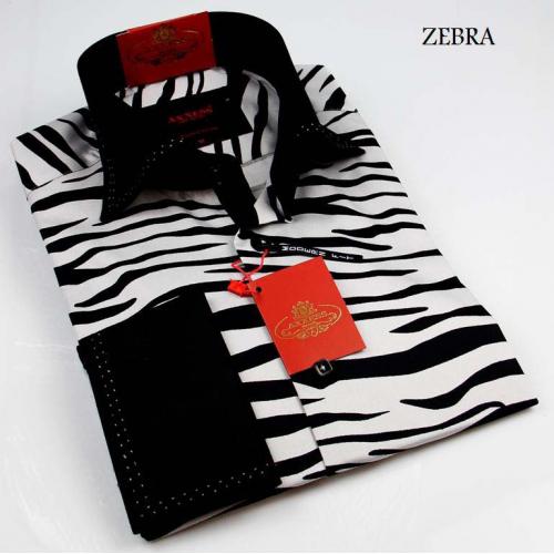 Axxess "Zebra" White / Black Handpick Stitching 100% Cotton Dress Shirt